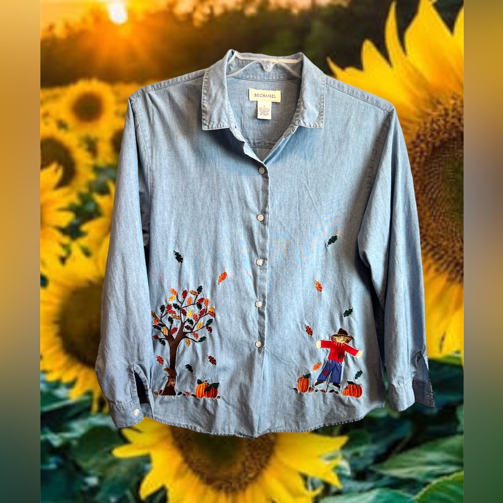 Béchamel top women’s blue chambray embroidered fall season button up siz…